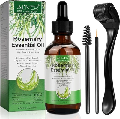 BOIUOITI Rosemary Oil for Hair Growth 60 ml with Derma Roller 0.25mm, 100% Pure Rosemary