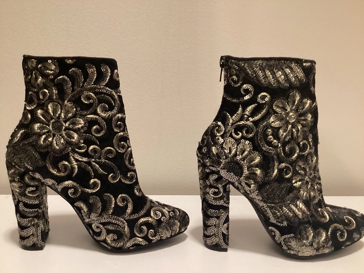 Steve Madden Benita black gold embroidered Sequin booties Boots