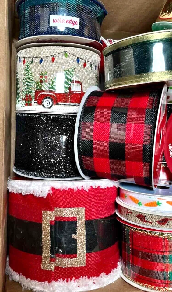Lot of 17  Christmas and General Ribbon Rolls Wired Plain Decorated New - Image 2 of 4