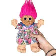 Vintage Russ Troll Doll Berrie Rosie Plush Floral Dress Pink Hair Soft Body 8"