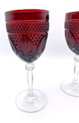 Vintage Ruby Red Cut Wine Stem Glasses By Cristal D'arques Durand Set of 3 READ