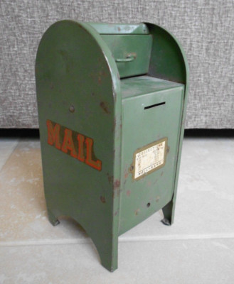 Vintage All American Tin Metal Green US Postal Mailbox Coin Bank 9'' parts/repair