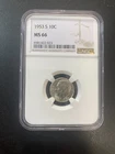 1953 S ROOSEVELT DIME NGC MS-66 - UNCIRCULATED - SILVER - CERTIFIED SLAB - 10C