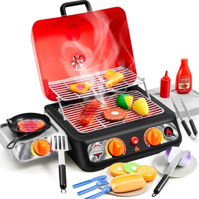 Kids BBQ Grill Playset, Kitchen Toy Set with Pretend Smoke, Light, Sound