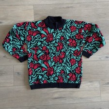 Spunky Sweater Women  s 6 Small 80s Green Black Red Flowers Christmas Sparkle Vtg