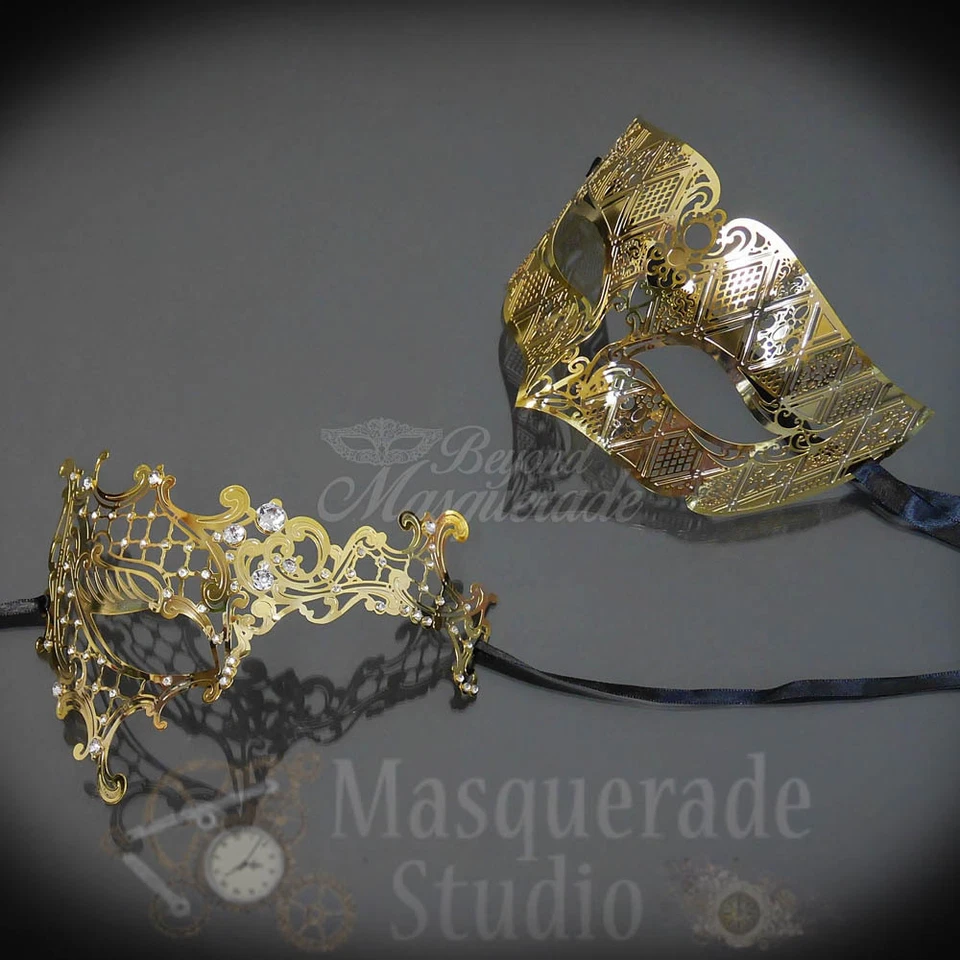Couples Gold Simplistic and Gold Phantom Costume Party Masquerade Masks Set - Image 2 of 4