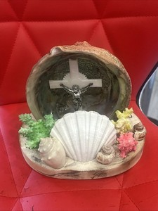 MCM Jesus Crucifix Abalone Seashell Coral Religious Grotto Plaster Base