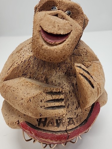 Vintage Coconut Monkey Playing A Drum Tiki Bar Hand Carved 8 1/2"H X 7"W - Picture 10 of 12