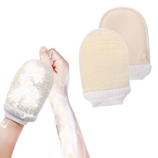 Reusable Loofah Bath Gloves Exfoliating Body Scrubber for Shower Beige Color
