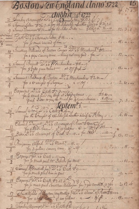 1722, Boston, Cornelius Waldo, merchant, molasses, maid service and leather hide