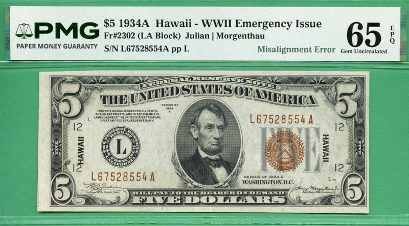 ERROR 2nd PRINT MISALIGNED - HAWAII 1934A $5 FRN - PMG GEM 65 EPQ - HAWAII ERROR