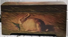 Vintage Wooden Treasure Chest Jewelry Box Rabbit With Flowers And Hay Scenery 