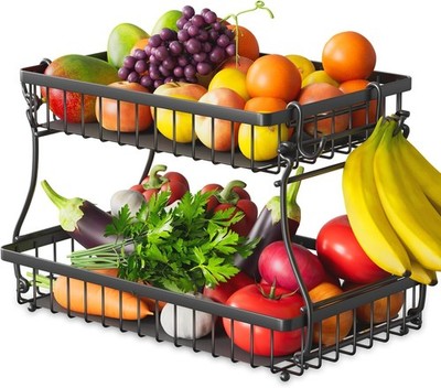 2 Tier Fruit Basket with 4 Banana Hangers, Improved Fruit Bowl for Kitchen Count