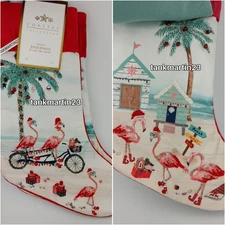 Set  of 2 Coastal Collection Christmas Flamingo At The Beach Stockings Beaded