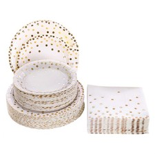 Gold Dot Disposable Paper Plates Napkins Party Supplies Set 7 & 9 Inch 50 Pack