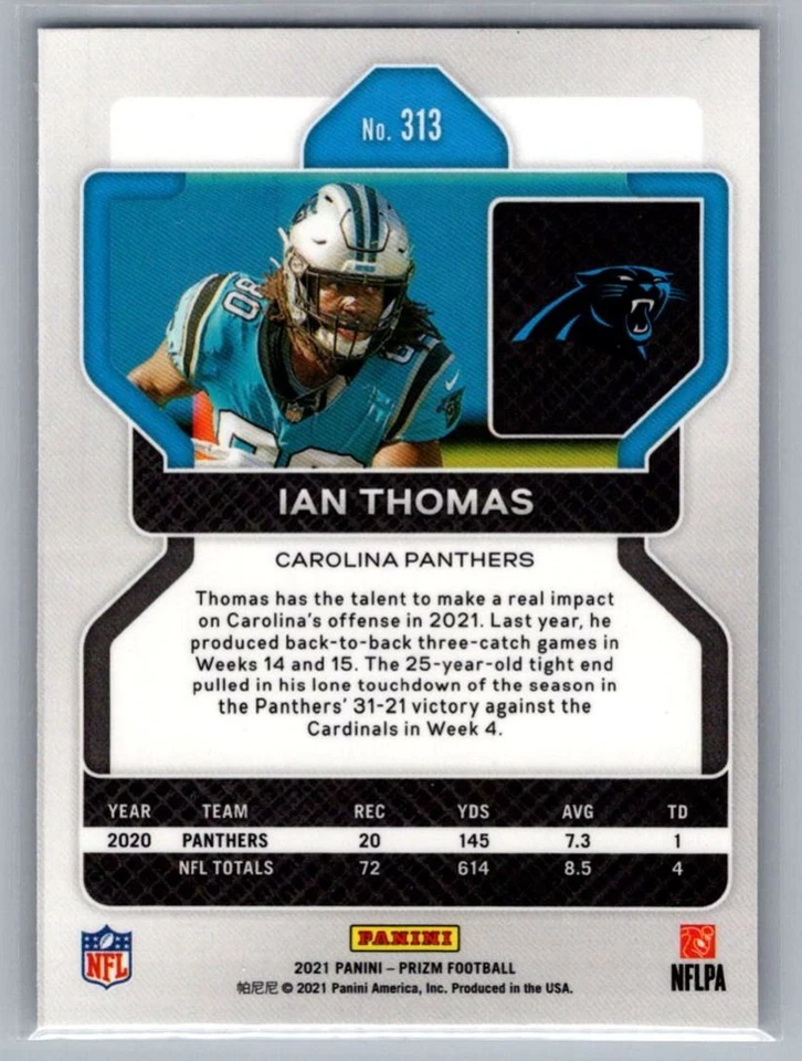 2021 Panini Prizm Blue Ian Thomas Carolina Panthers #313 - Image 2 of 2