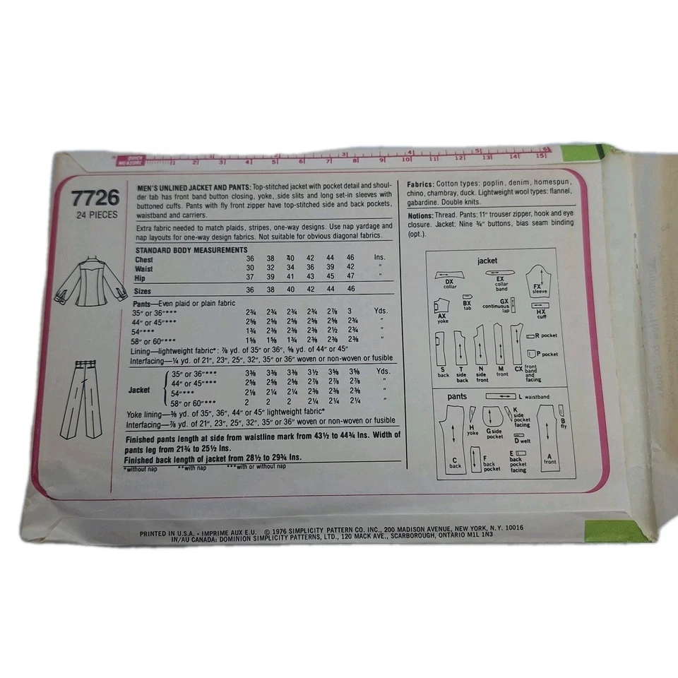 Simplicity 7726 VTG Mens Jacket Trousers Pants Sz 38 Pattern UC FF - Image 4 of 4