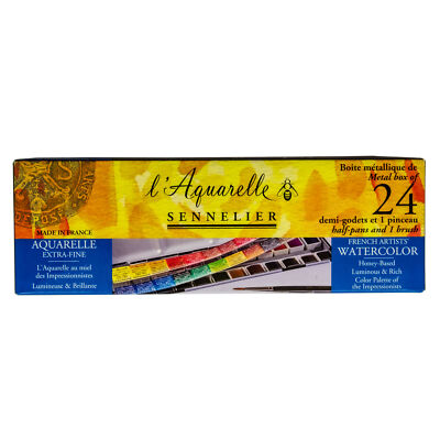 Sennelier  Aquarellfarbe - Set mit 24 halben Naepfchen N131606 Metallkasten