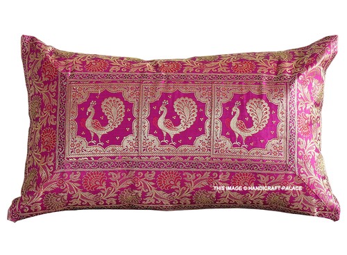 Indian Peacock Banarasi Silk Cushion Cover Handmade Golden Brocade Work Pillow - Picture 3 of 6