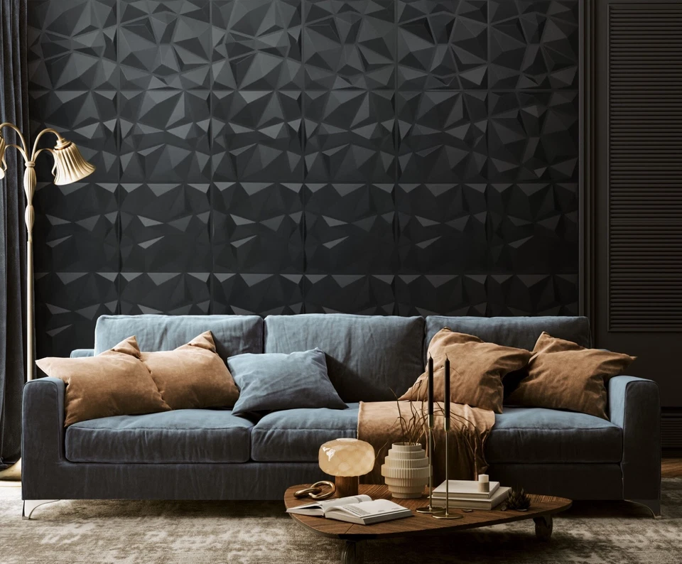 Paneles de pared 3D negros PVC para pared de acento - Paquete de 12 azulejos de 19,7"x19,7" - 32 pies cuadrados Foto 3 de 4