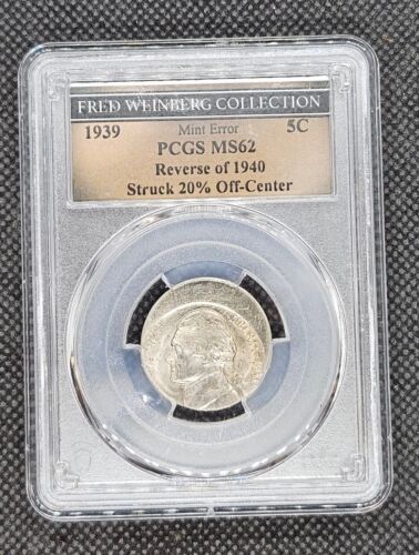 1939 (Reverse of 1940) Jefferson Nickel | PCGS MS62 Struck 20% Off-Center - Picture 1 of 4