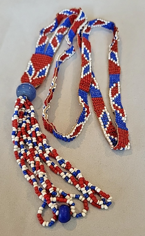 Red White Blue Southwest Native American Glass Seed Bead Tassel Necklace Vintage