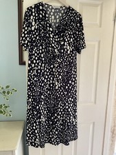 David Nieper Navy White Polka Ruched Front  Stretch Jersey Midi Dress  - Size 16