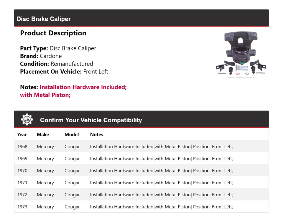 适用于 1968 - 1973 Mercury Cougar 盘式制动卡钳前左 Cardone 1969 1970 — 第 2/4 张图片