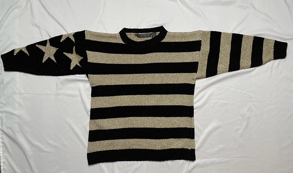 Suéter Perry Ellis America Marc Jacobs Negro Dorado Terciopelo Lurex Bandera Americana L Foto 4 de 4