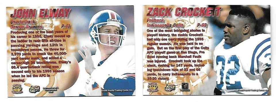 1996 Pacific Dynagon Football John Elway Zach Crockett  Broncos  Colts - Image 2 of 2