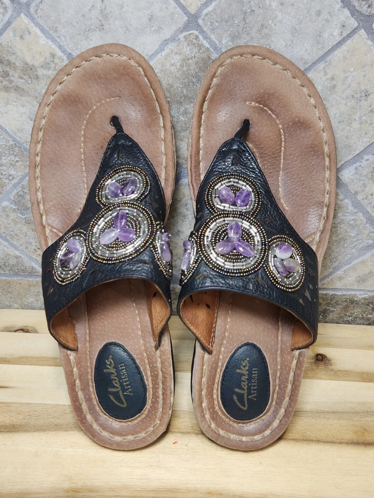 Clarks Artisan sandali bianchi 9 5 m infradito infradito scarpe lavanda perline argento