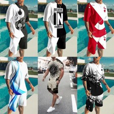 Mens Sweatshirt T Shirts and Shorts Suits Short Sleeve 2-Piece Set Summer Outfit