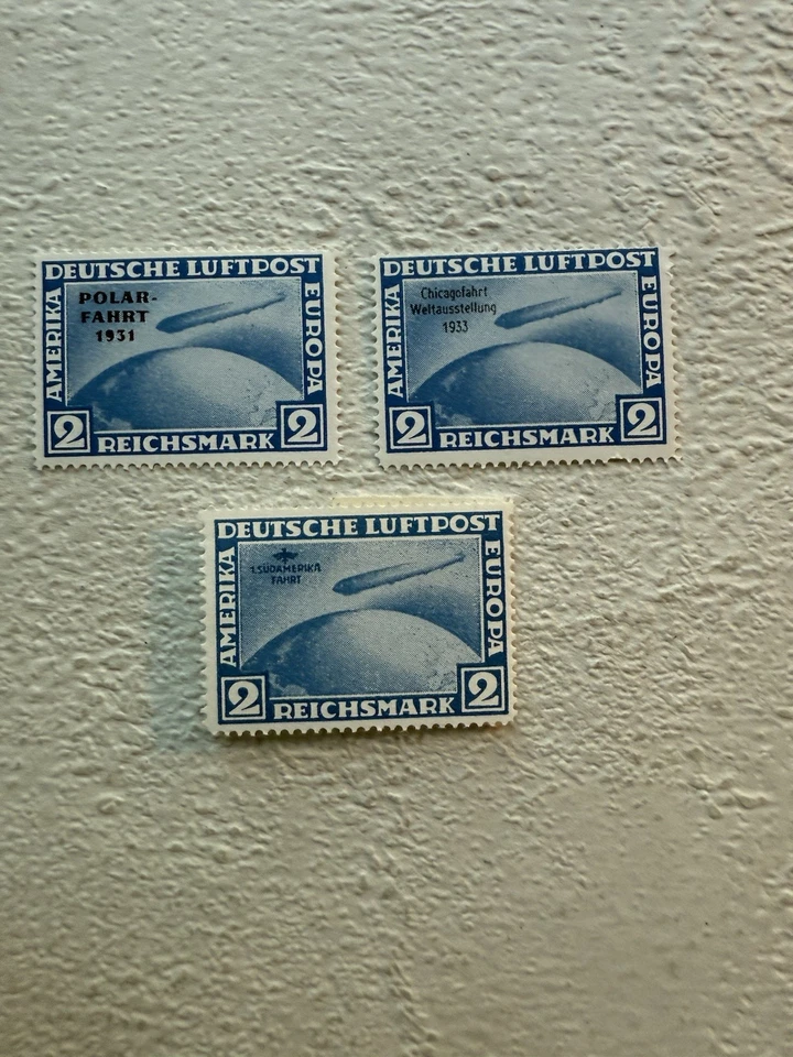 Zeppelin Airmail Stamps Set of 8 Deutsche Luftpost Reprints Immaculate Unused - Image 3 of 4