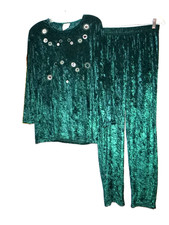 Women's Vtg 90's Bentley Embellished Green Crushed Velvet/Velour Pantsuit S