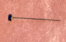 Antique Victorian Gold Tone Brass Hat Pin set Blue Stone 6 inches long 1900s