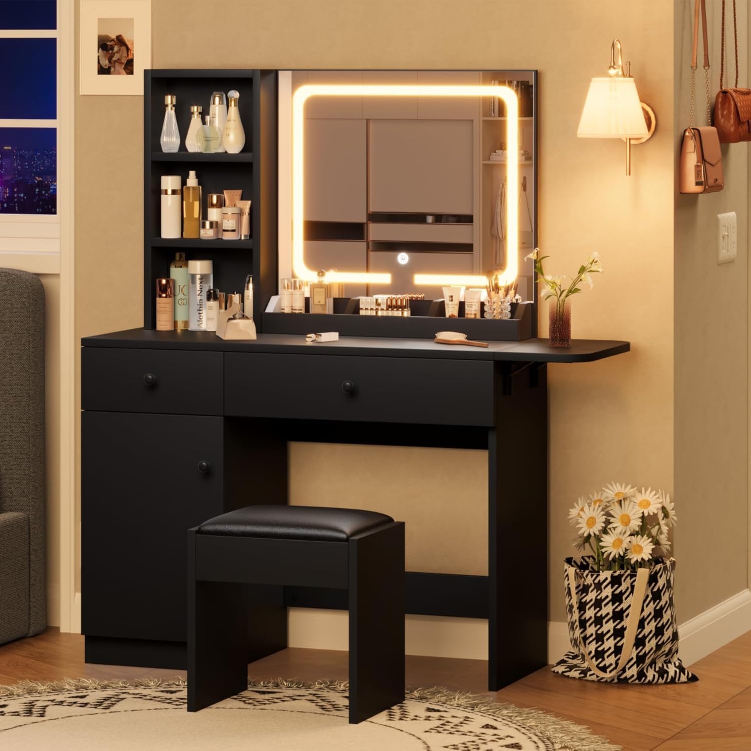 Vanity Desk with Mirror & Lights, Storage Drawers & Stool for Bedroom/Bathroom