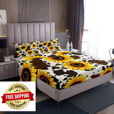 Erosebridal Sunflower Cow Bed Sheets Kids Adults Rustic Brown Sheet Set
