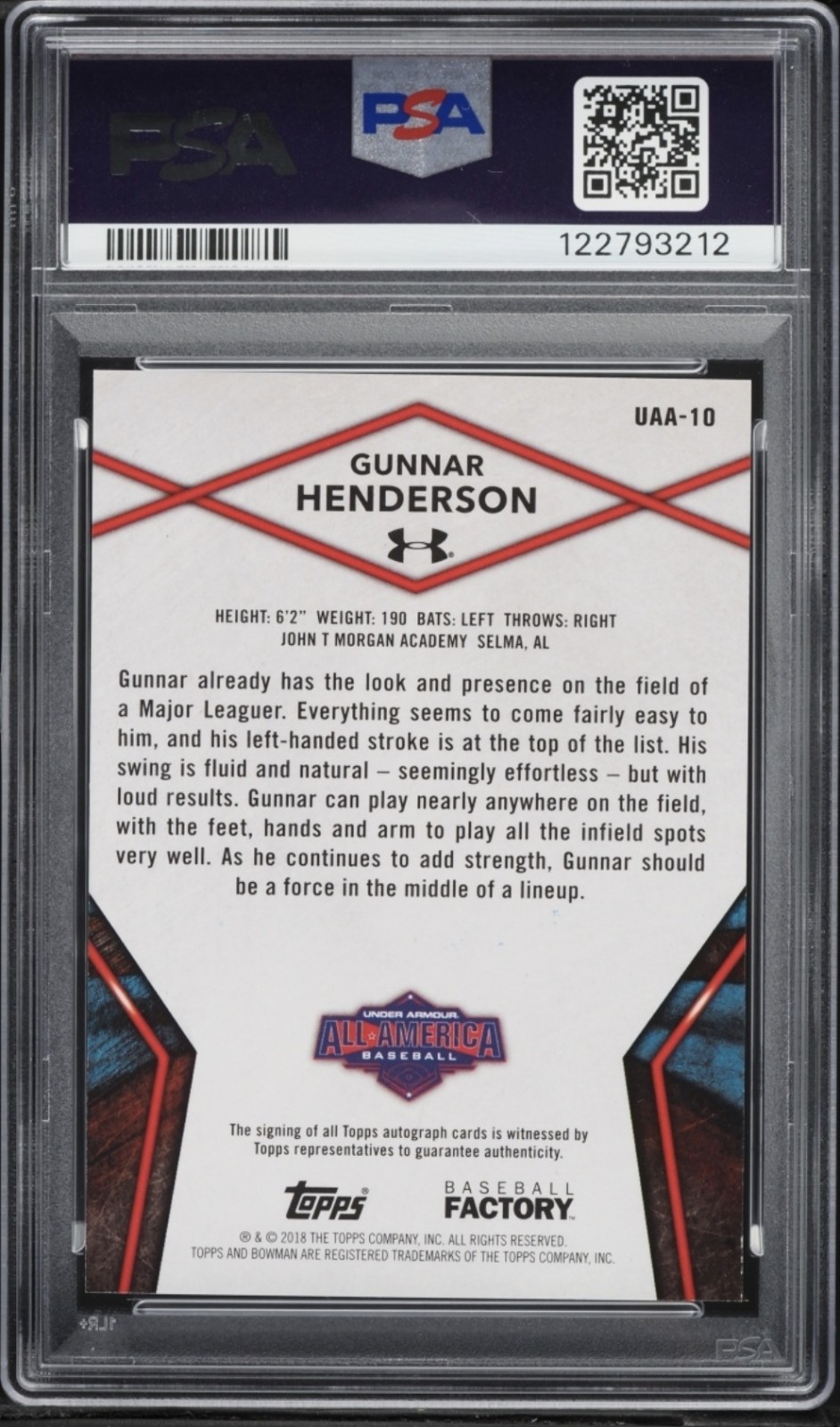 GUNNAR HENDERSON UA ALL-AMERICAN GAME ON CARD AUTOGRAPH -2020 BOWMAN - PSA 9 view 2