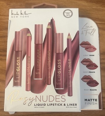 Nicole Miller NY Rosy Nudes Liquid Lipstick & Liner 6Pc Set Rose, Peach & Mauve