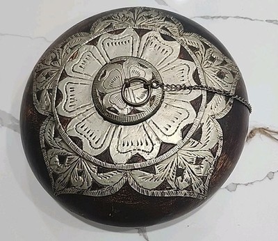 Vintage Hand Carved Dark Wood Silver Metal Inlay Fitted Tobacco Opium Box