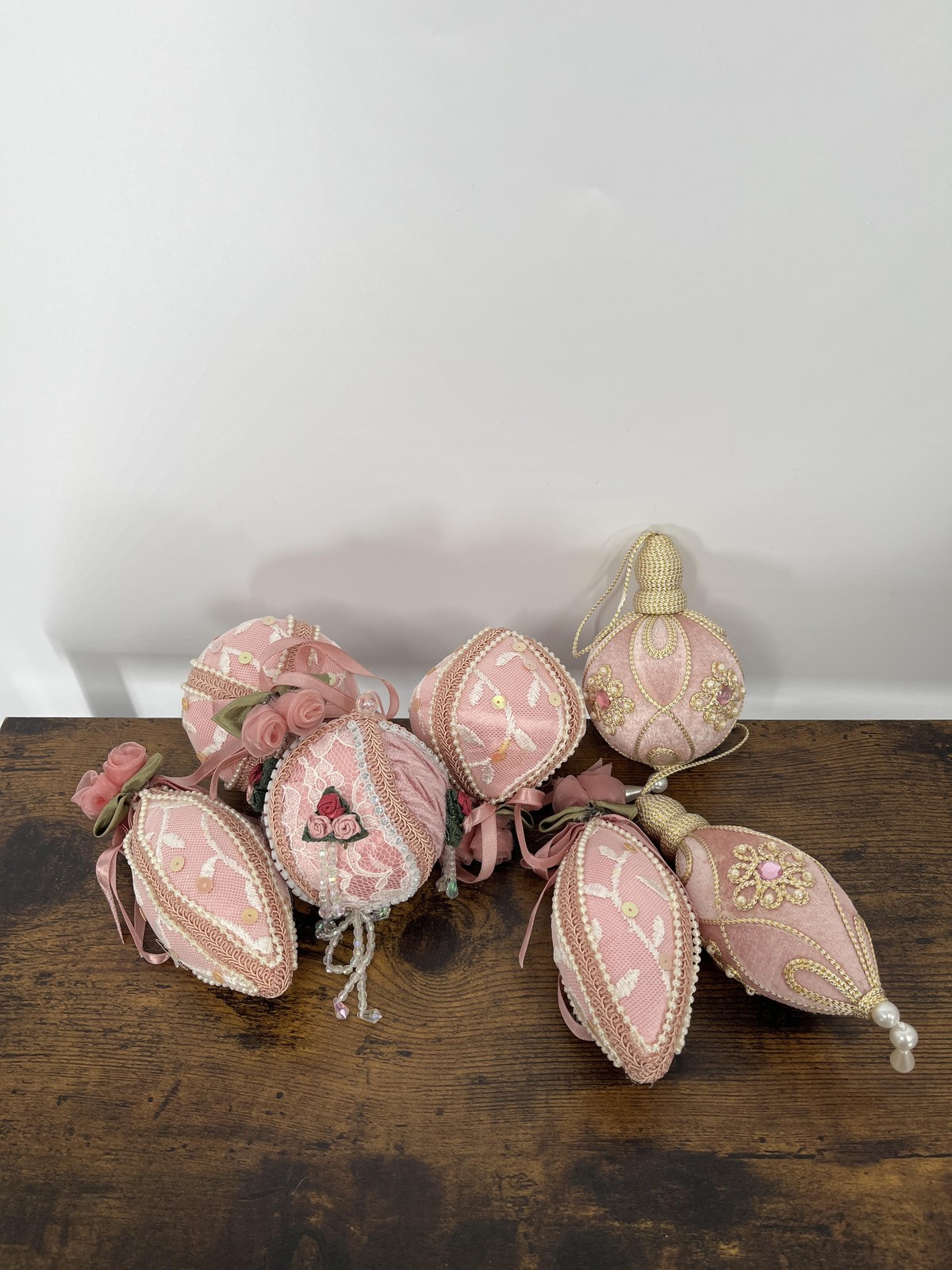 Vintage Handmade Victorian Lace Pearl Rose Christmas Ornaments Shabby Chic