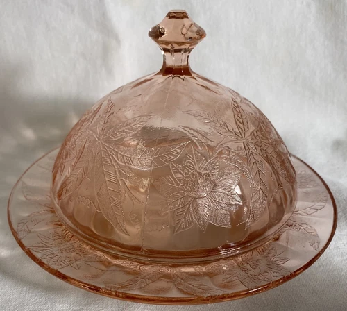 Floral Pink Butter and Lid Jeannette Glass Company