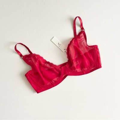 NWT Fleur de mal 38F Sheer Tulle Fuller Cup Demi Unlined bra in Rouge Red