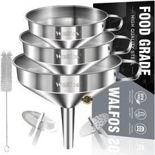 Stainless Steel Funnel, Walfos 3 Pack Kitchen with 2 Removable Strainer & 1Pcs