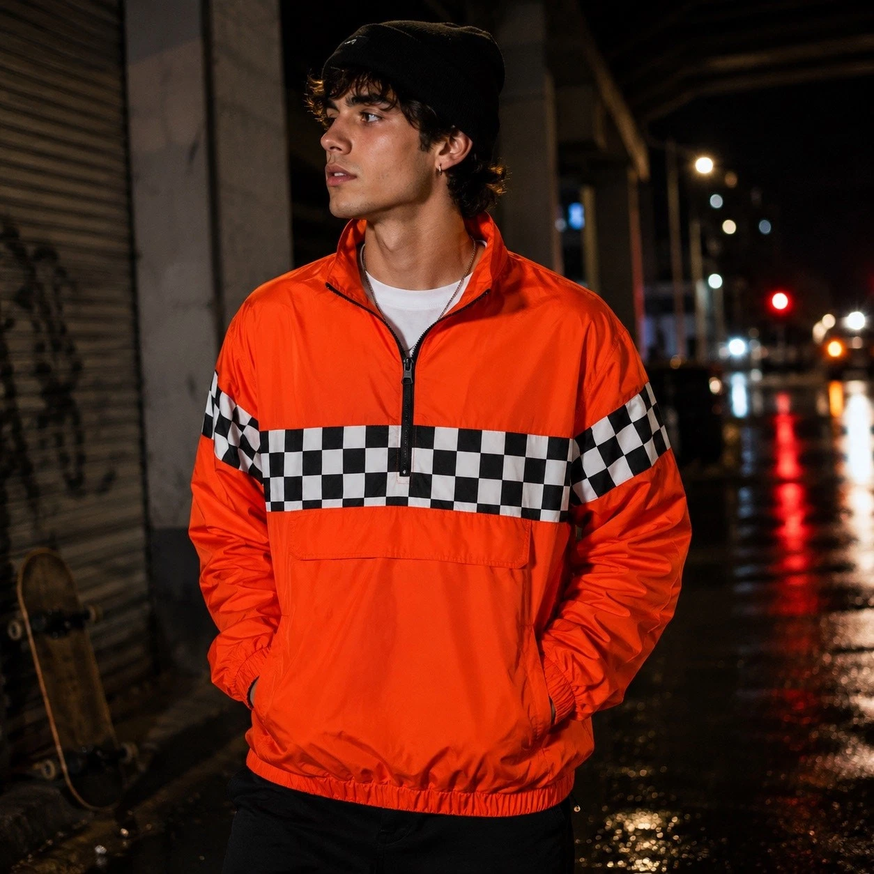 Forever 21 Men Windbreaker Jacket Medium Neon Orange Checkerboard Racing