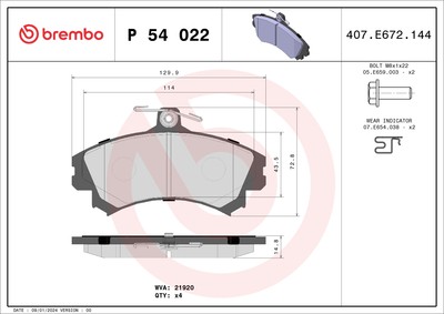 BREMBO P 54 022 Bremsbelagsatz, Scheibenbremse für MITSUBISHI,PROTON,VOLVO