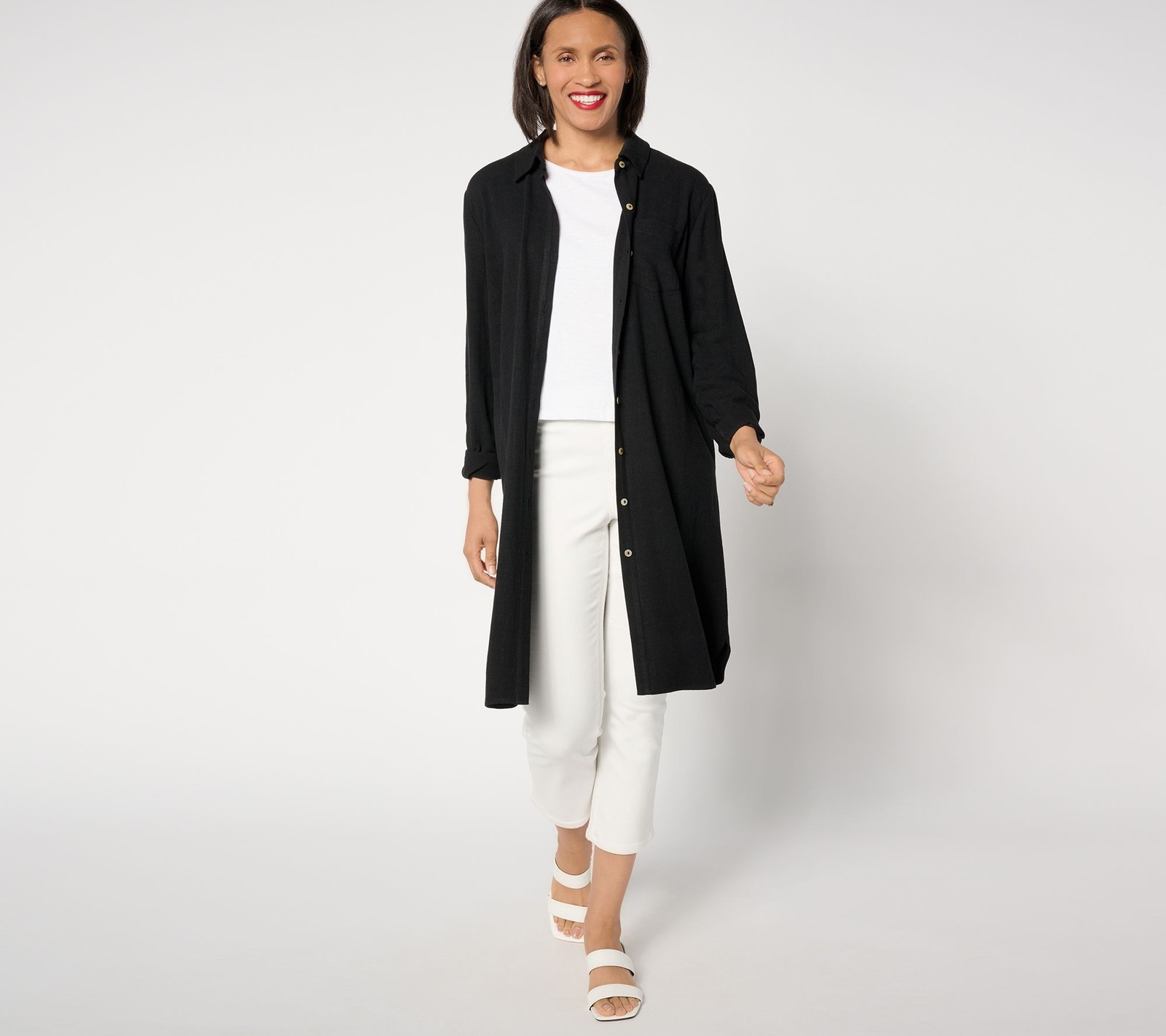 Susan Graver Women's Top Petite PS PURE Linen Blend Button Front Black A644497