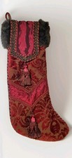 Bella Rose 22" Christmas Stocking Red Burgundy Faux Fur Trim Tassels Tapestry