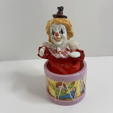 Animated Clown in Drum, Music Box Send in the clowns Wind Up Works Moving Music
