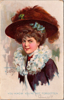 Woman in Fancy Dress and Hat FORGET ME NOT art c1910 Postcard